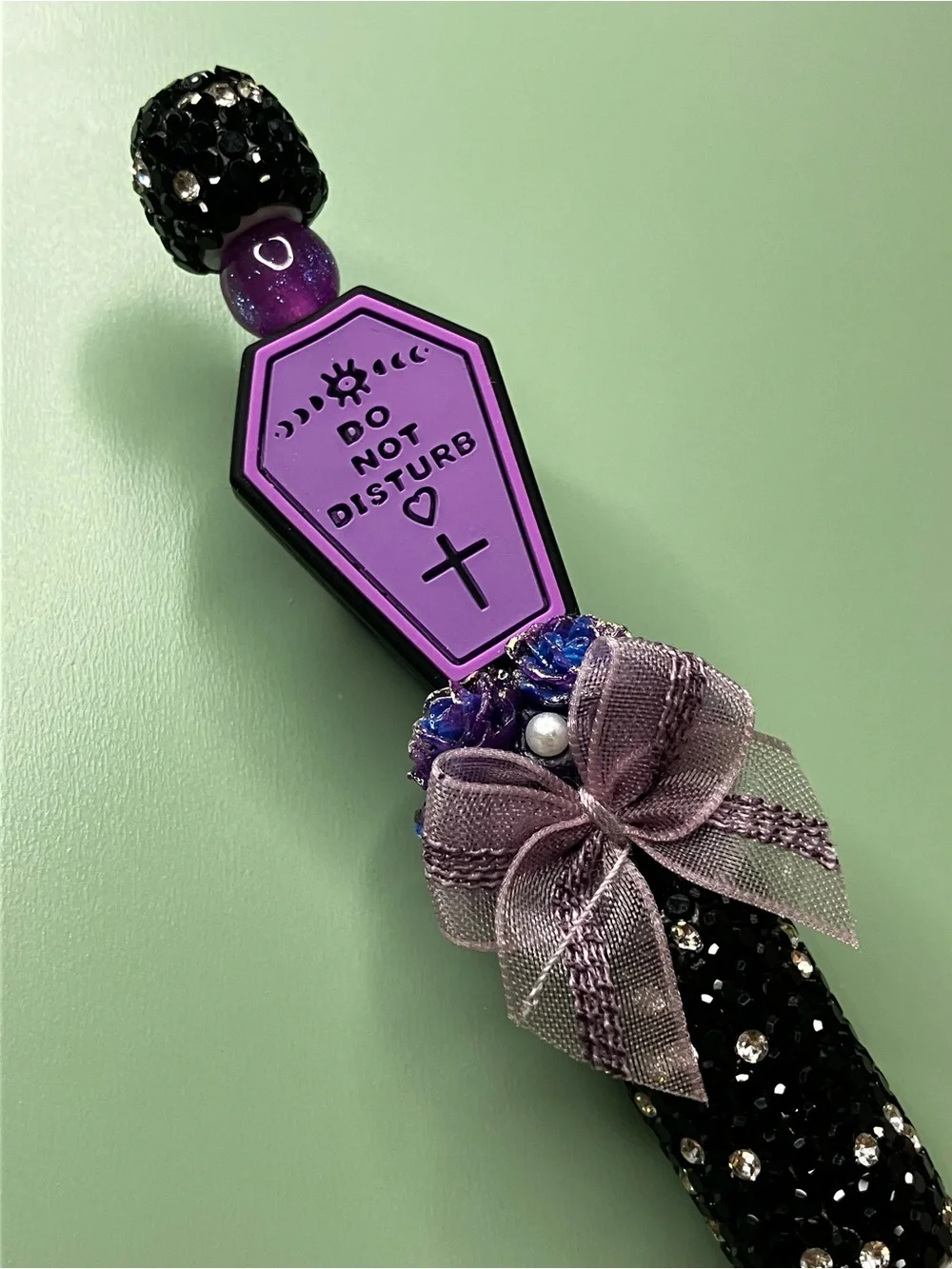Do Not Disturb Purple Coffin - Black and White Rhinestone Handmade Beaded Pen